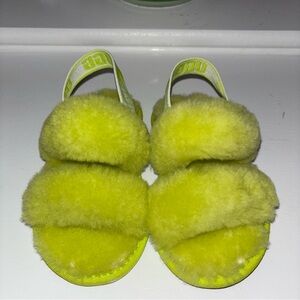UGG Kids Neon Yellow Fuzzy Double-Band Slide Sandals
